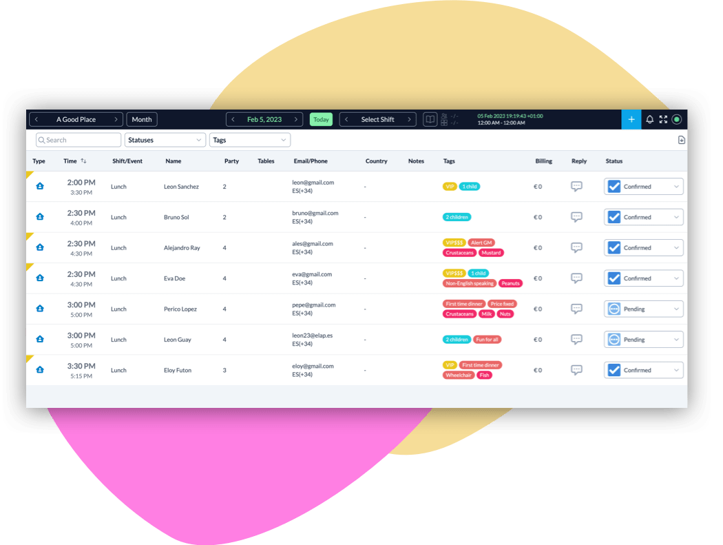 Resv restaurant reservations list view bookings